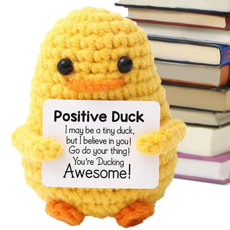 Funny Crochet Positive Energy Duck Doll with Card Home Room Decoration Handmade Knitted Ornament Christmas Gifts