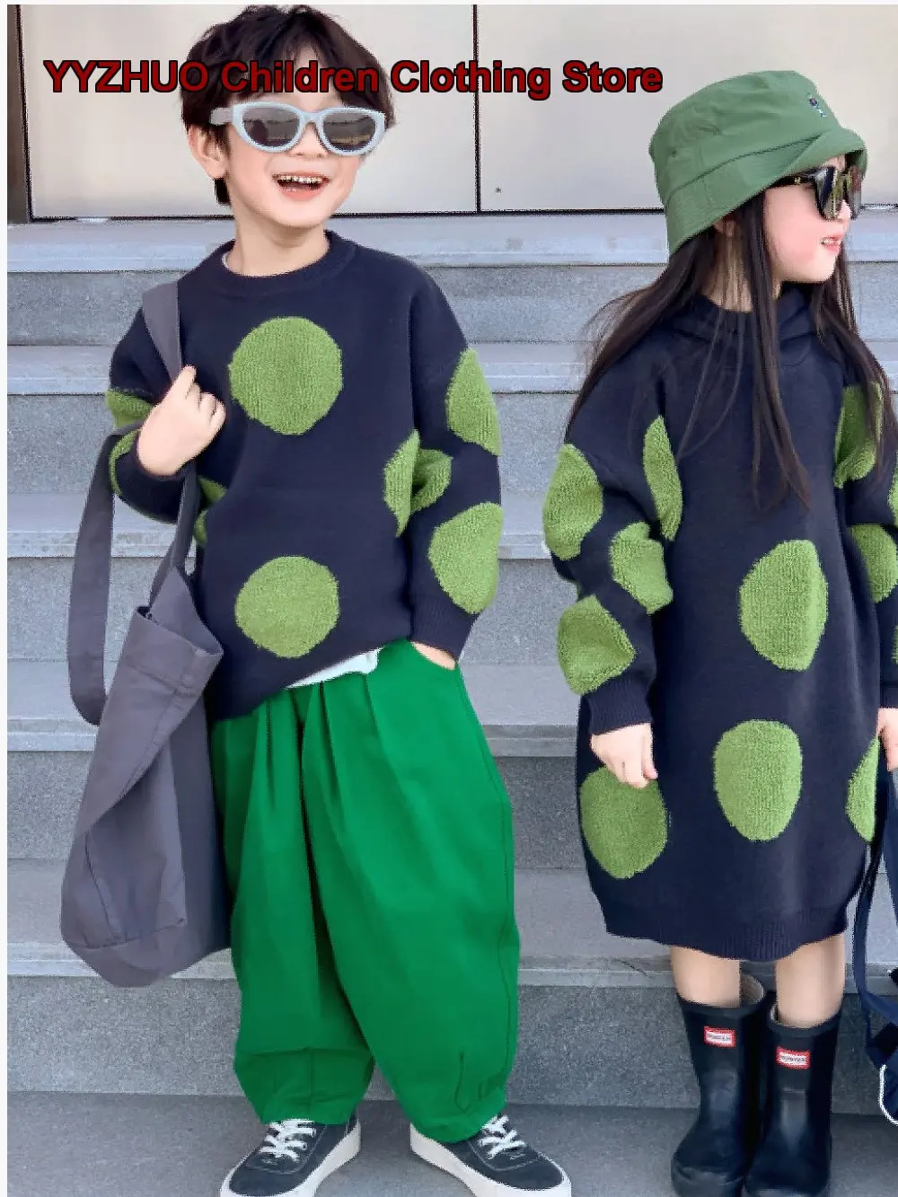 Kids Round Neck Knit Top Baby Boys Girls Polka Dot Long Sleeves Striped Two-Piece Look Stylish Sibling Outfit