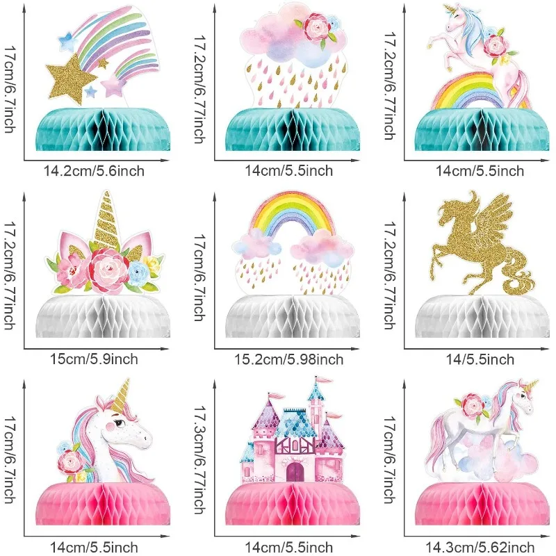 Unicorn Rainbow Honeycomb Balls Table Decorations Honeycomb Paper Fan Set Birthday Party Baby Shower Decor Desktop Supplies 9Pcs