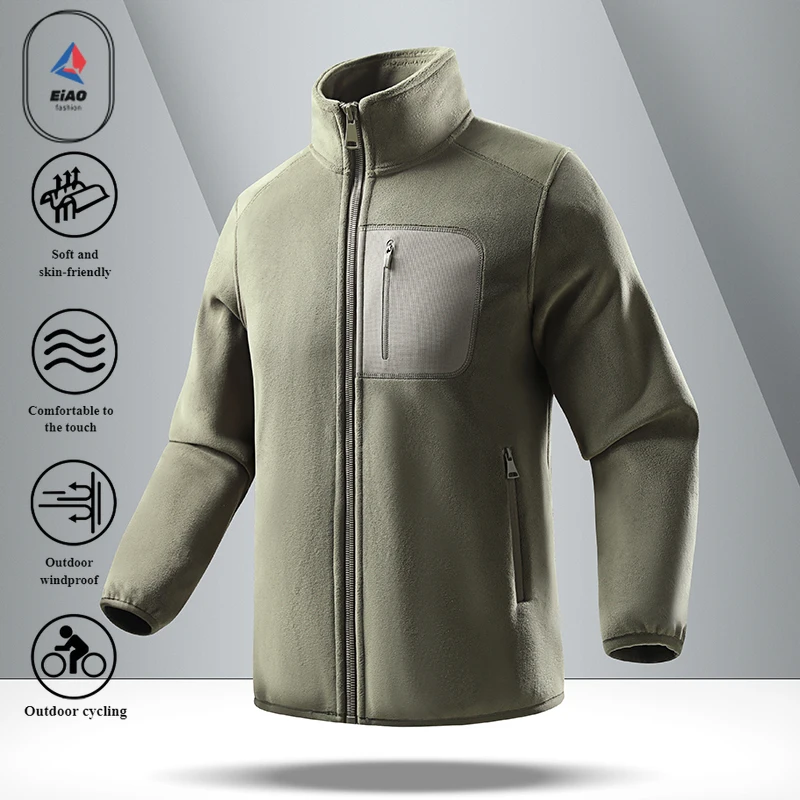 EIAO 2025 Mens Fleece Lined Stand Collar Jacket Thickened Warm Zip Hoodie Plush Velvet Coat Casual Streetwear Outdoor Tech