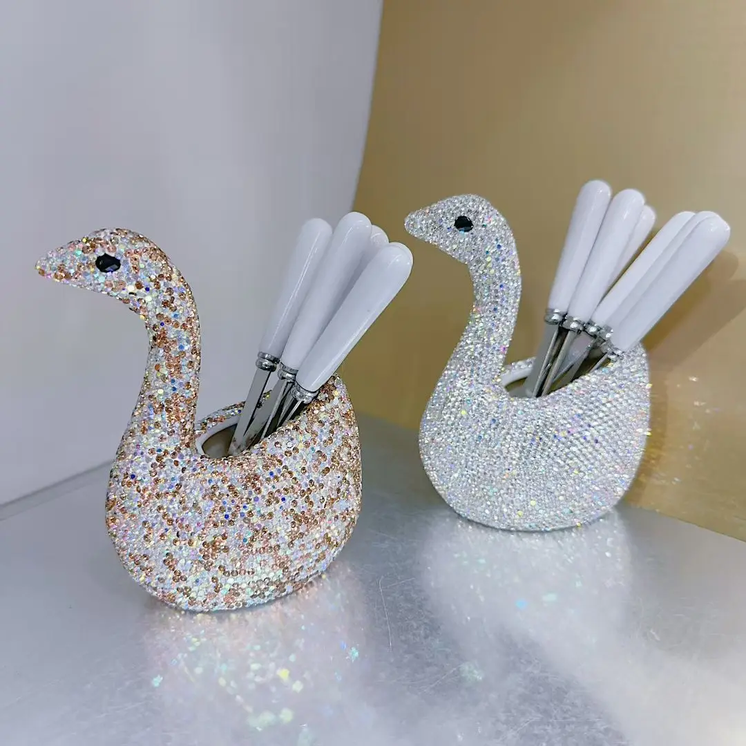 

Sparkling Rhinestone Swan Base Fruit Fork Dessert Fruit Fork Tableware Holder Stainless Steel Cake Fork Tableware Set Decor
