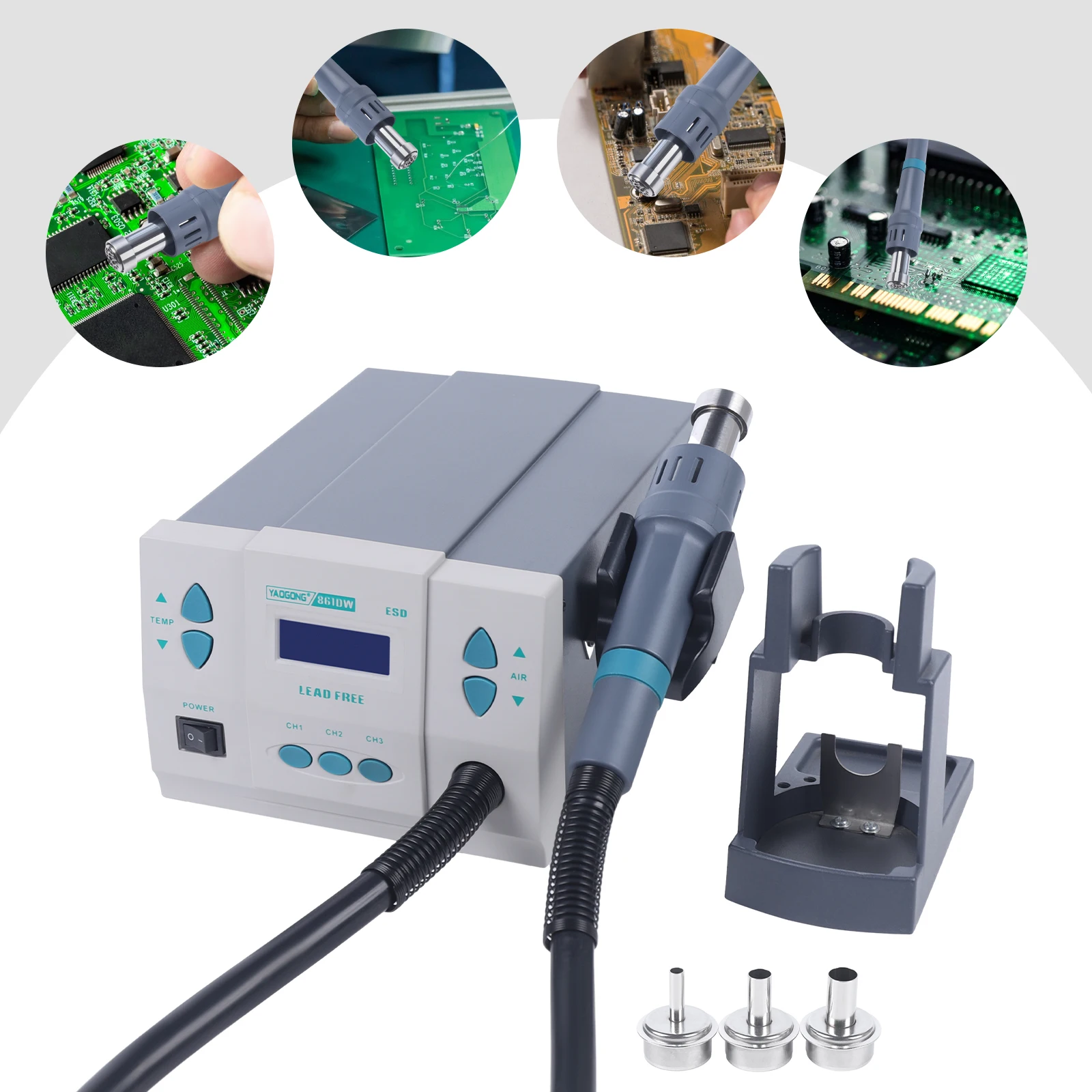 Hot Air Rework Station, 1000W Digital Heat Soldering Rework Station with Adjustable 100℃~500℃ Heat Gun& 3PCS Air Nozzles