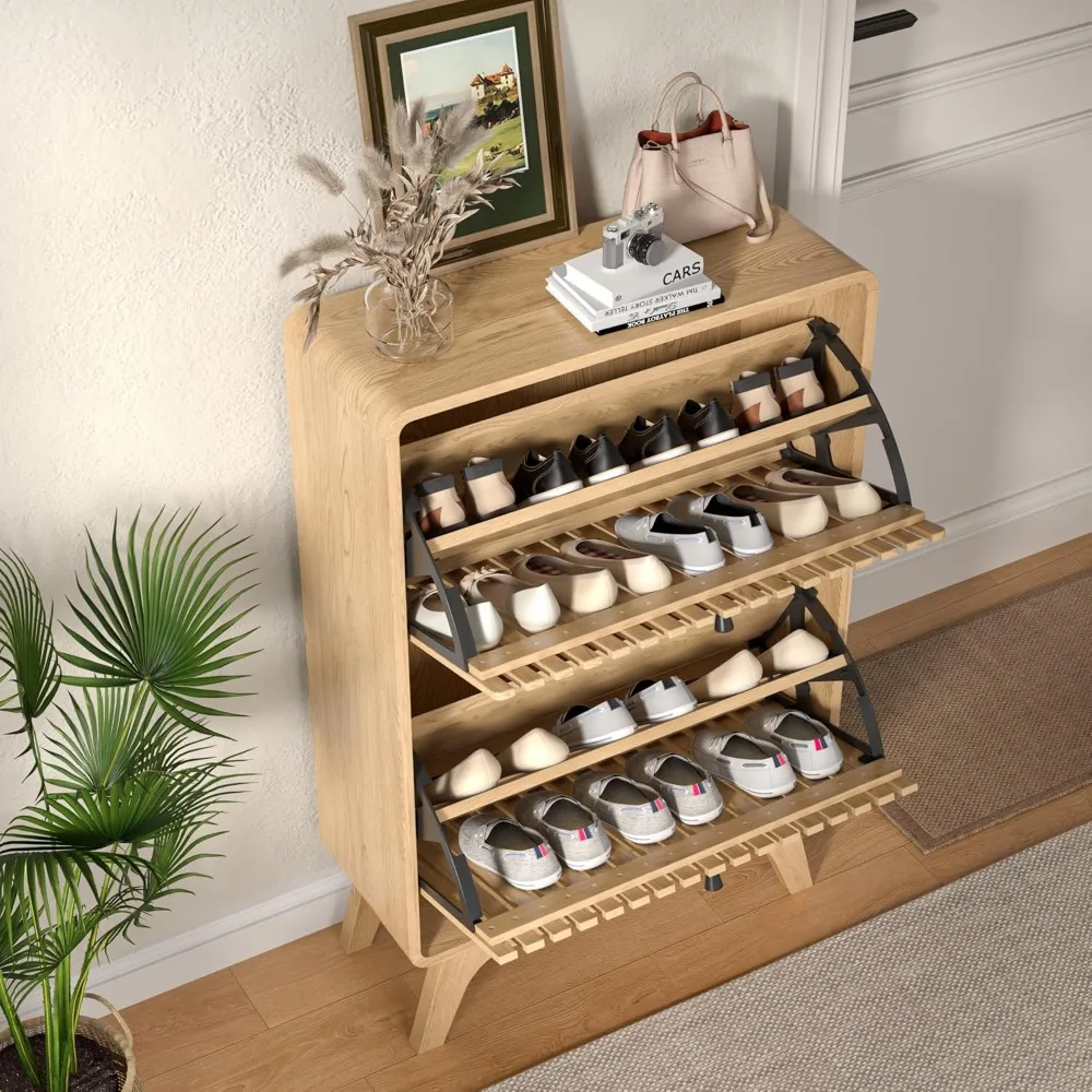 خزانة أحذية رفيعة حديثة للمدخل مع درجين قابلين للطي، رف منظم خشبي مخدد
