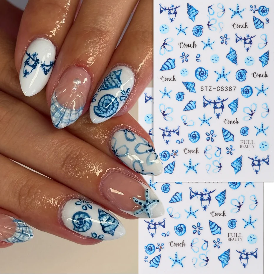 Autocollants pour ongles sur le thème de la plage d'été, motifs marins en plastique avec conques, étoiles de mer et coquillages, design océanique pour l'été