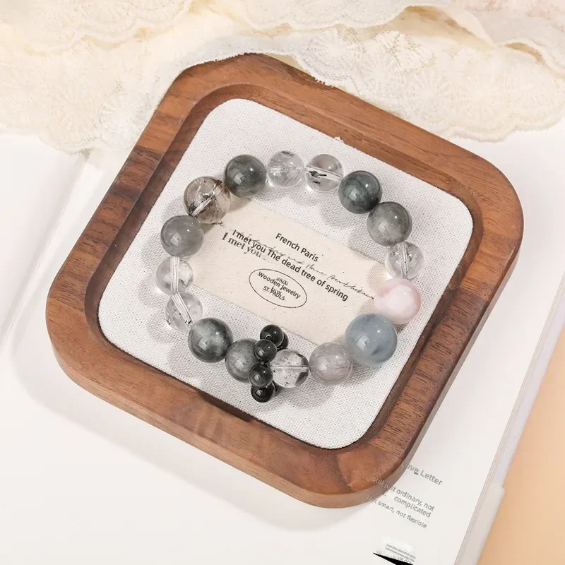 Natural Snowflake Ghost Black Shining Grey Rabbit Hair Duobao Bracelet, popular in the live stream, large particle crystal