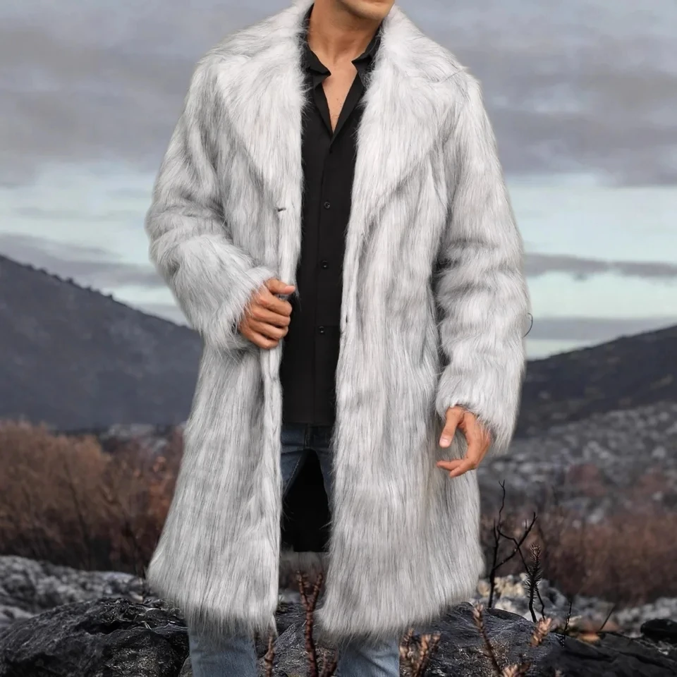 2025 Autumn Winter New Men Gray Spliced Faux Fur Long Overcoat Thick Warm Plush Casual Versatile