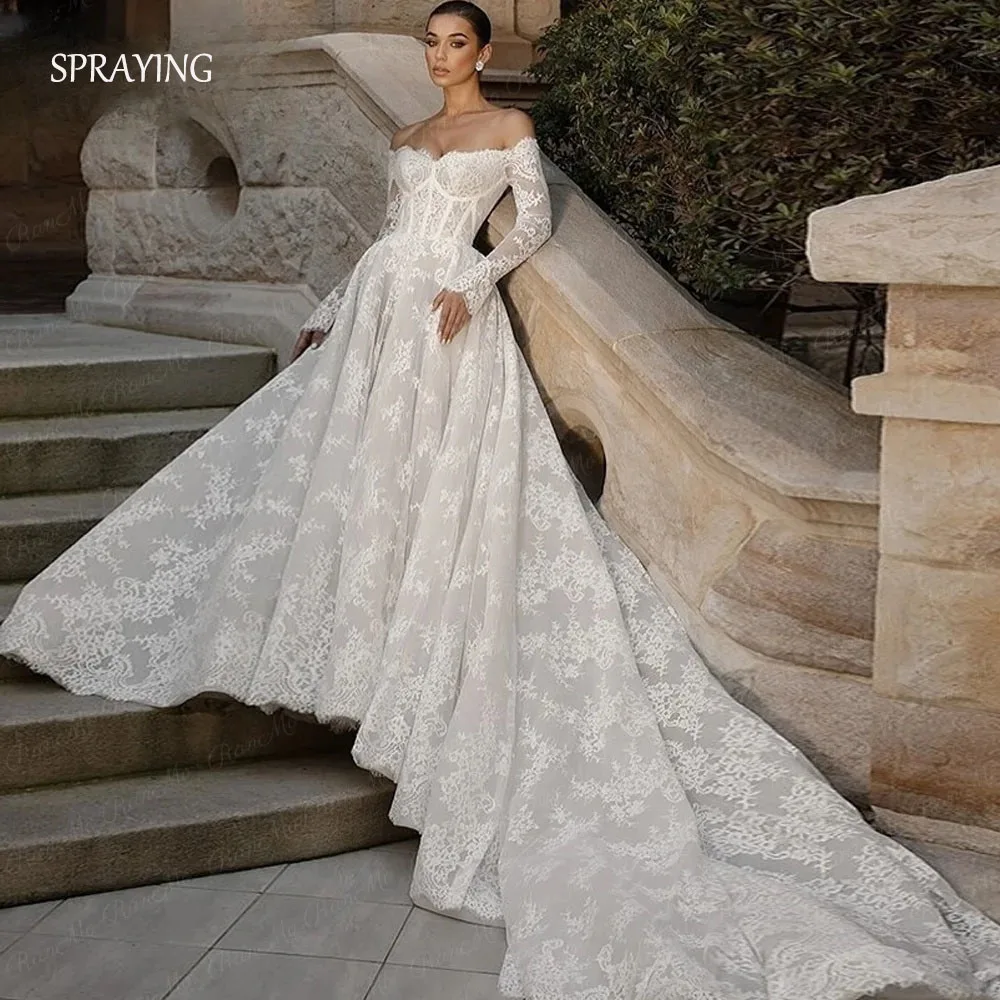 SPRAYING New 2026 White Wedding Dress Off Shoulder A Line Full Lace Wedding Gowns Luxury Boho Bridal Ball Prom Dress Customised