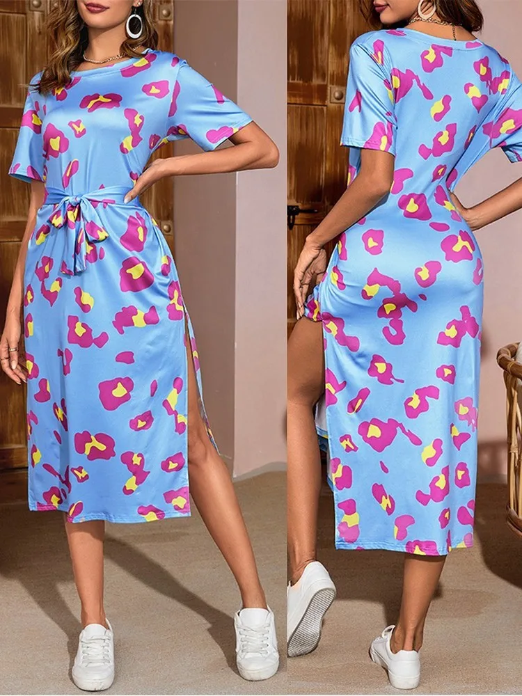 

2023 Summer Dresses For Women Pink Leopard Print Tied Detail Slit Casual Dress Vestidos De Mujer Elegant Midi Robe Female