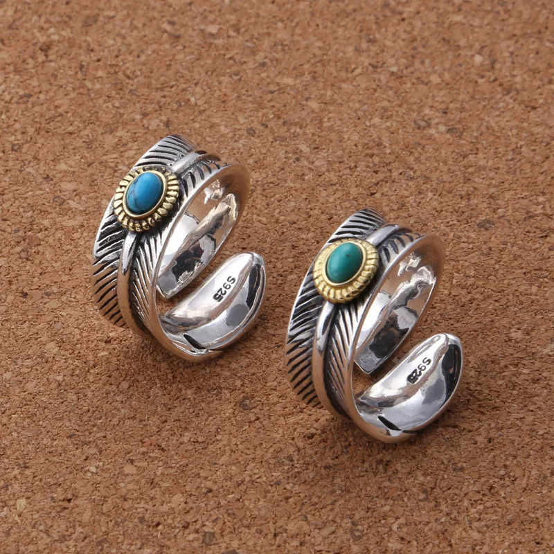 Wholesale S925 sterling silver personalized ring inlaid turquoise fashion trend feather ring fashion Vintage Thai silver craft