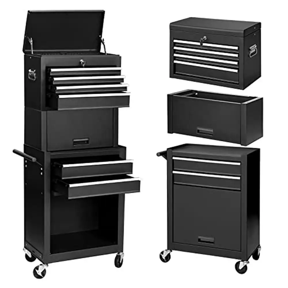 Rolling Tool Cabinet Removable Organizer High Capacity Secure Locking 6-Drawer Black Metal Chest Organizer Ergonomic Handle Easy