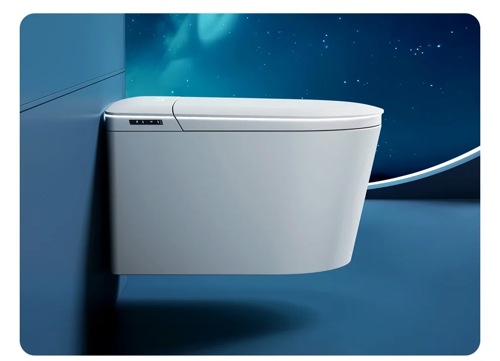 WELLBLUE Smart Wandcloset met Afstandsbediening, Verwarmde Zitting, Automatische Sifon Spoeling, Ingebouwde Tank, Randloze Bidet WC voor de Badkamer