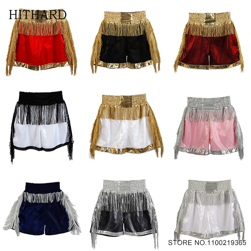 

Muay Thai Shorts High Grade Boxing Shorts Men Women Kids Martial Arts MMA Clothes Gold Silver Tassels Fighting Kickboxing Shorts