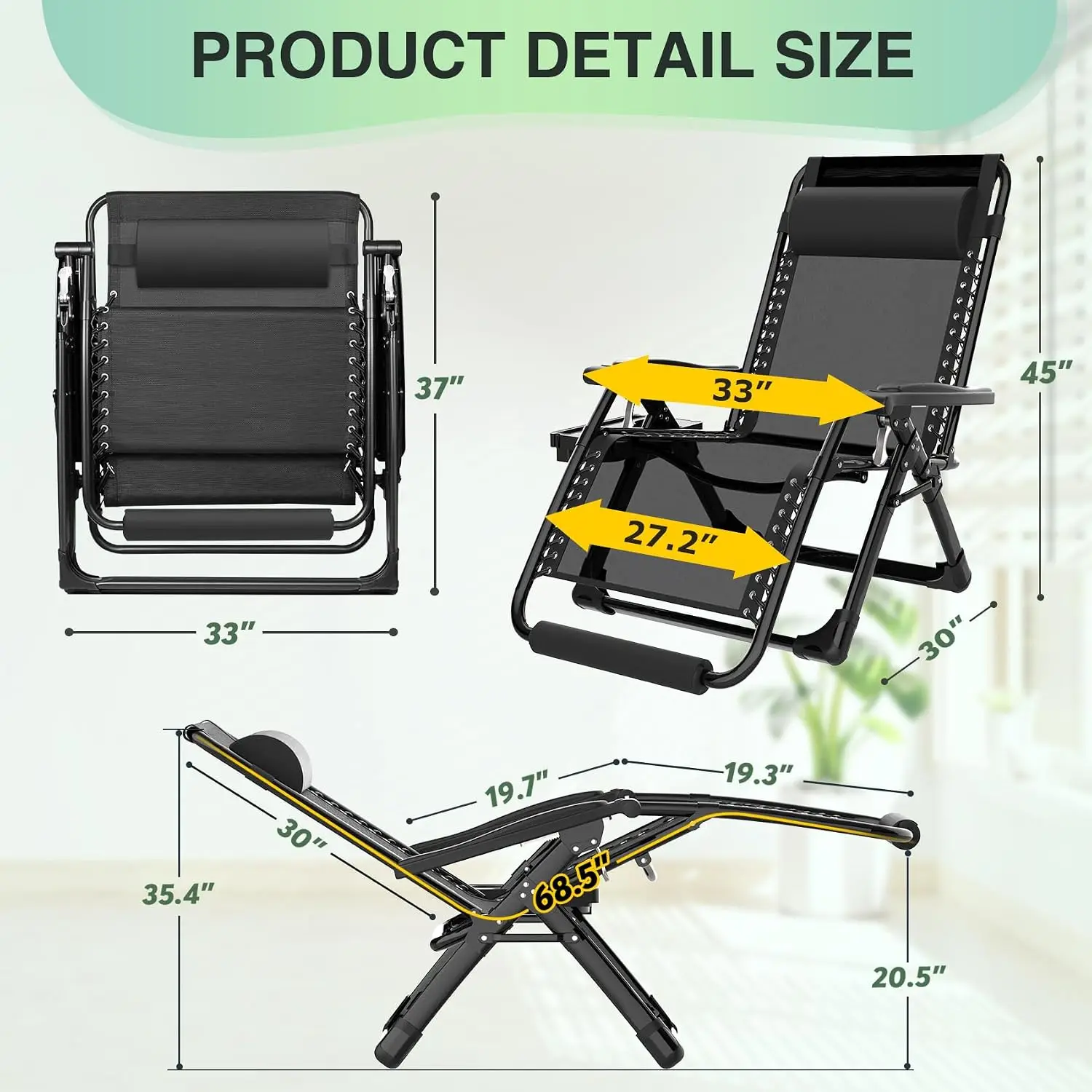 XXL Outdoor Zero Gravity Recliner Chairs, Oversized 33-Inch Design, 500 lbs Weight Capacity