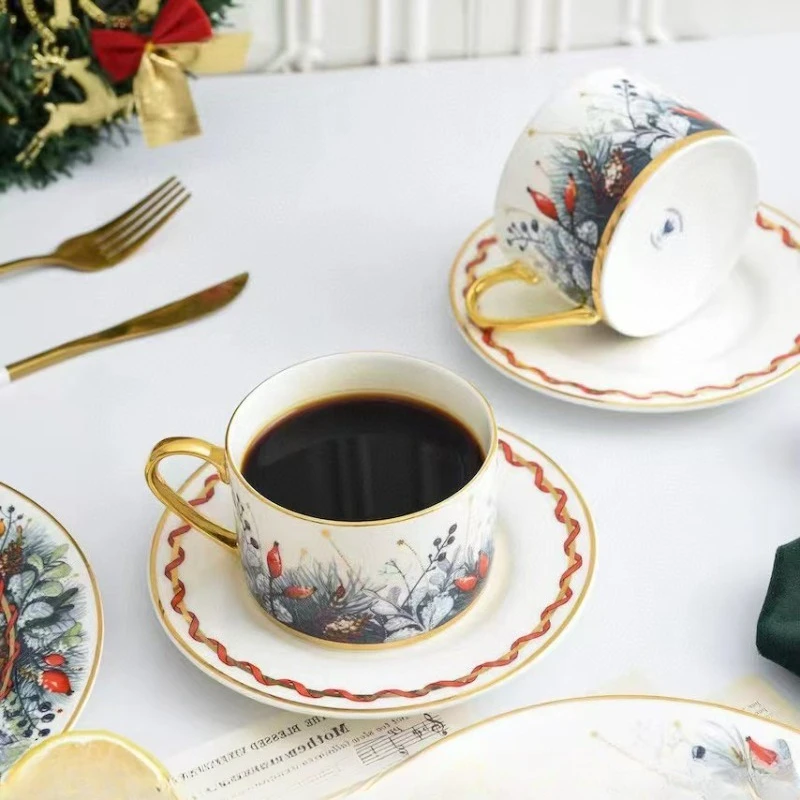 Christmas New Year Gold Trim Bone China Coffee Mug Cup Saucer Set Gold Luxury Afternoon Tea Tea Cup Wedding Housewarming Gift