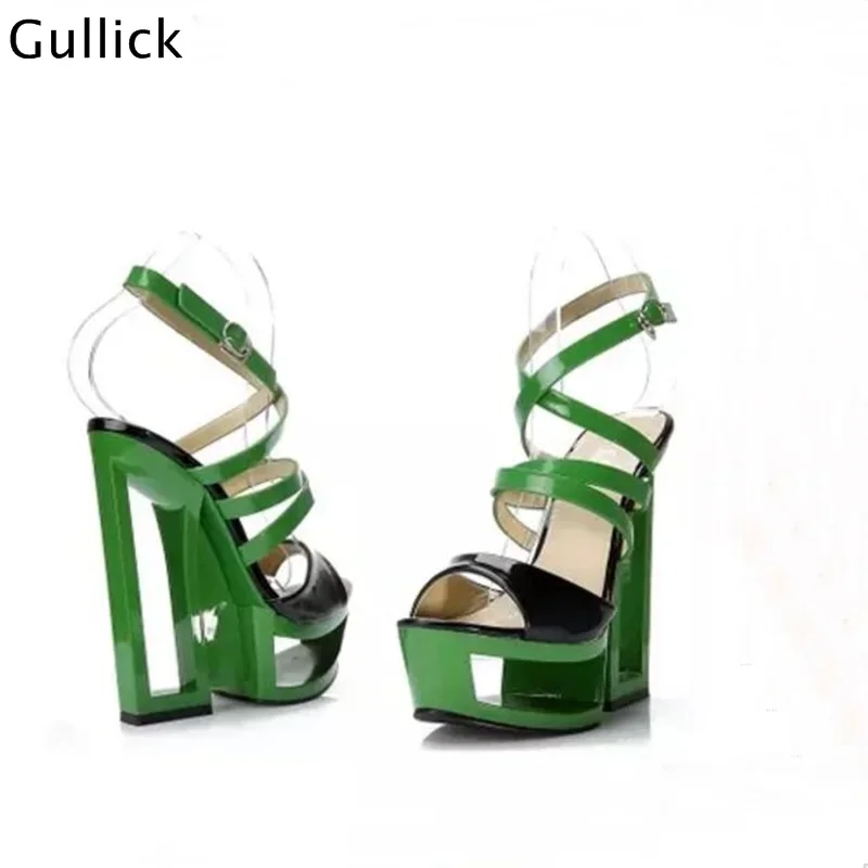 Fretwork Heels Fashion Shoes Green Sandals Woman Platform Heels Cool 16cm Square Heel Cut Outs Ankle Buckles Peep Toe High Heels