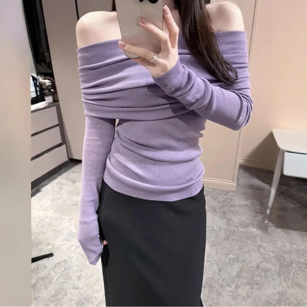 Spring Autumn Soft Wind Purple One-Shoulder Wool Knitted Sweater Women's Base Shoulder Exposure Slim Fit Inner Wear Top