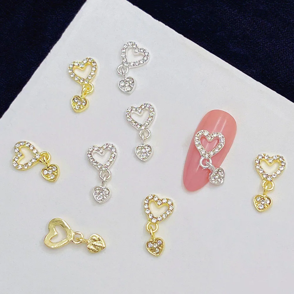 10 Stück Luxus Herz Baumeln Nagel Charms 3D Legierung Nagel Strass Silber Gold Hohl Herz Nagel Edelsteine Stern Juwelen Maniküre Teil – Detail 3
