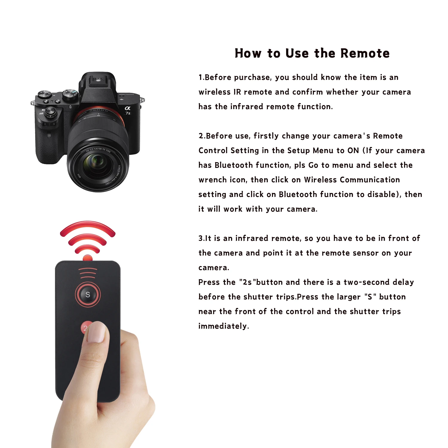 Wireless IR Remote Control Replacement RMT-DSLR1 for Sony NEX 5T 5R 6 7 A6500 A6400 A6300 A6000 A9 A7 A7r II III IV A99 A900