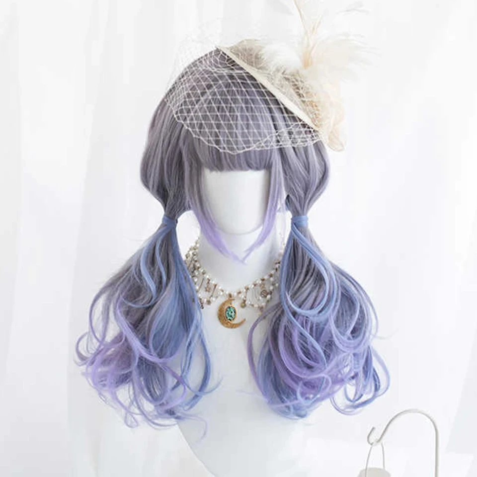 Grey Blue Purple Ombre Synthetic Wigs for Cosplay Long Curly Wavy Layered Wigs with Bangs for Women Heat Resistant Fake Hair image 3