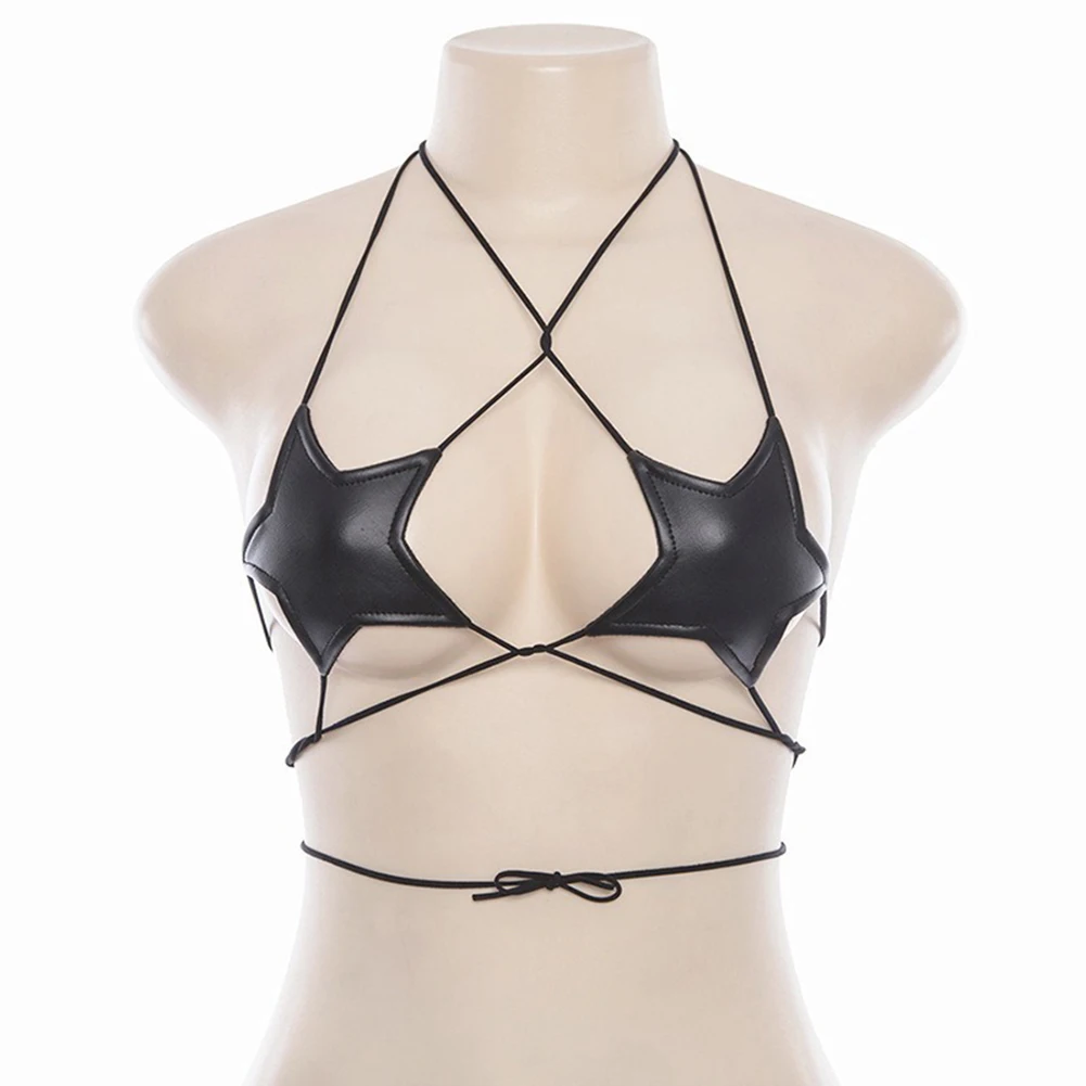 Sexy Lingerie donna in pelle a forma di stella reggiseno con spalline Bustier Crop Hangingneck Vest ultrasottile See Through Bikini erotico