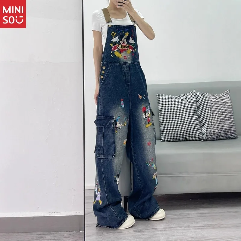 Джинсовый комбинезон с 3D вышивкой и рисунком Микки — женский комбинезон с широкими штанинами High Street, мягкая прочная ткань, регулируемые бретели
