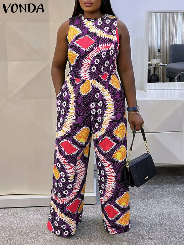 

Plus Size 5XL VONDA Women Long Jumpsuits 2025 Summer Vintage Printed Sexy Sleeveless Beach Wide Leg Playsuits Bohemian Overalls