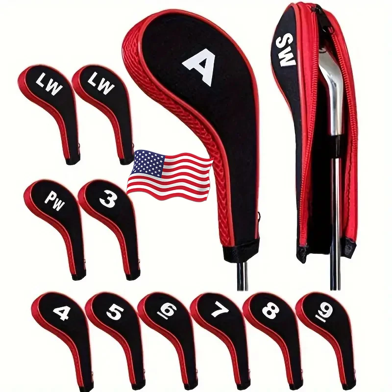 Golf Iron & Driver Covers – 12-Piece Neoprene Set with Number Print Zippered Long Neck Design Durable Club Care Accessories