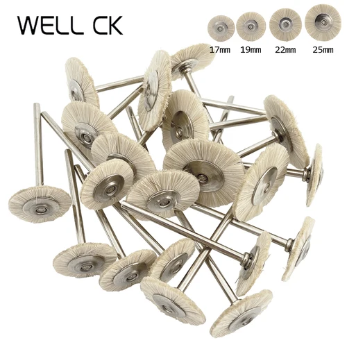 10 unids/bolsa 2,35mm rueda de cepillo de pulido materiales de laboratorio Dental herramientas rotativas de pelo de cabra blanco suave vástago HP de baja velocidad