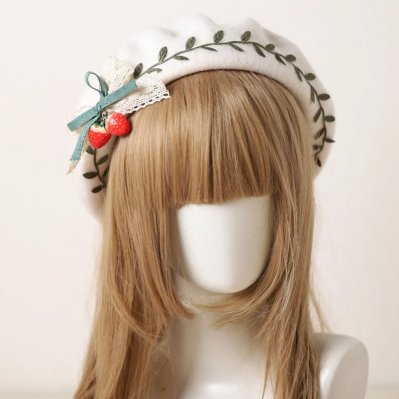 lolita hat Japanese cute girl cartoon Strawberry bow tie hat woolen sweet beret