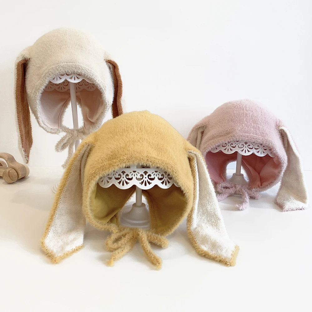 Cute Baby Hat Winter Long Rabbit Ears Soft Plush Warm Cap Kids Girls Rabbit Fur Skullies berretti cappello lavorato a maglia Toddler Bonnet