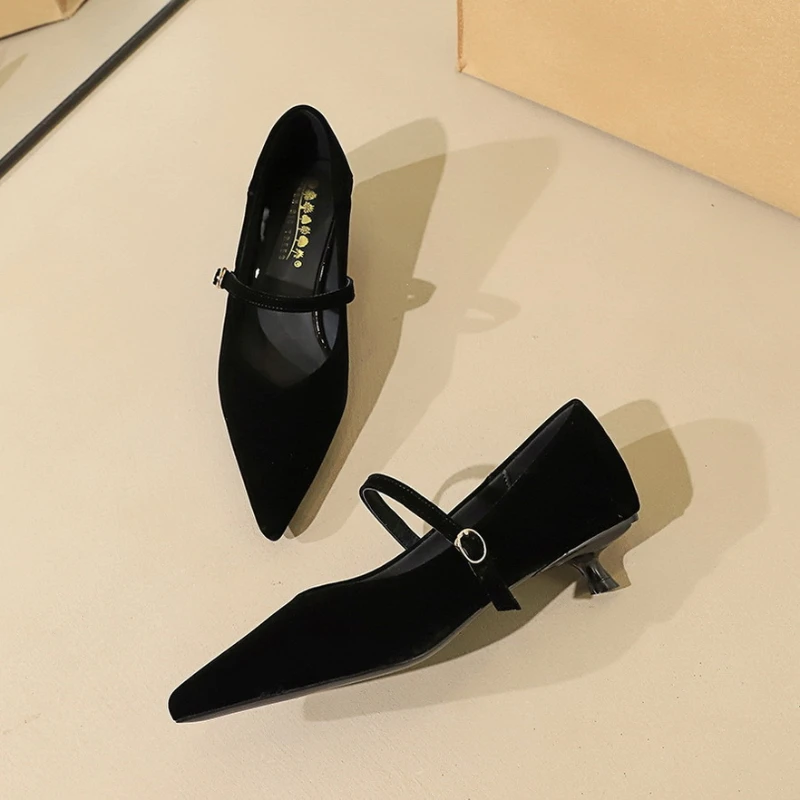 

Black Velvet Pointed Toe Kitten Heel Pumps For Women Elegant Minimalist Design Comfortable Low Heel Office Party Dress Shoes