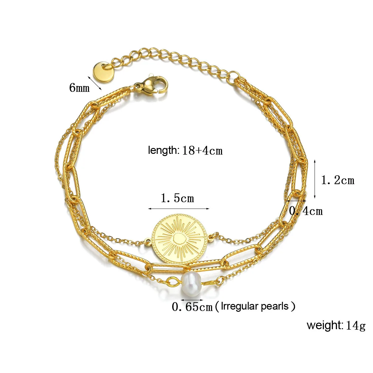 Kissmoon Bohemia Dreischichtiges Sunburst Runde Plakette Imitationsperle Edelstahl Goldfarbenes Armband für Frauen Schmuck Geschenke
