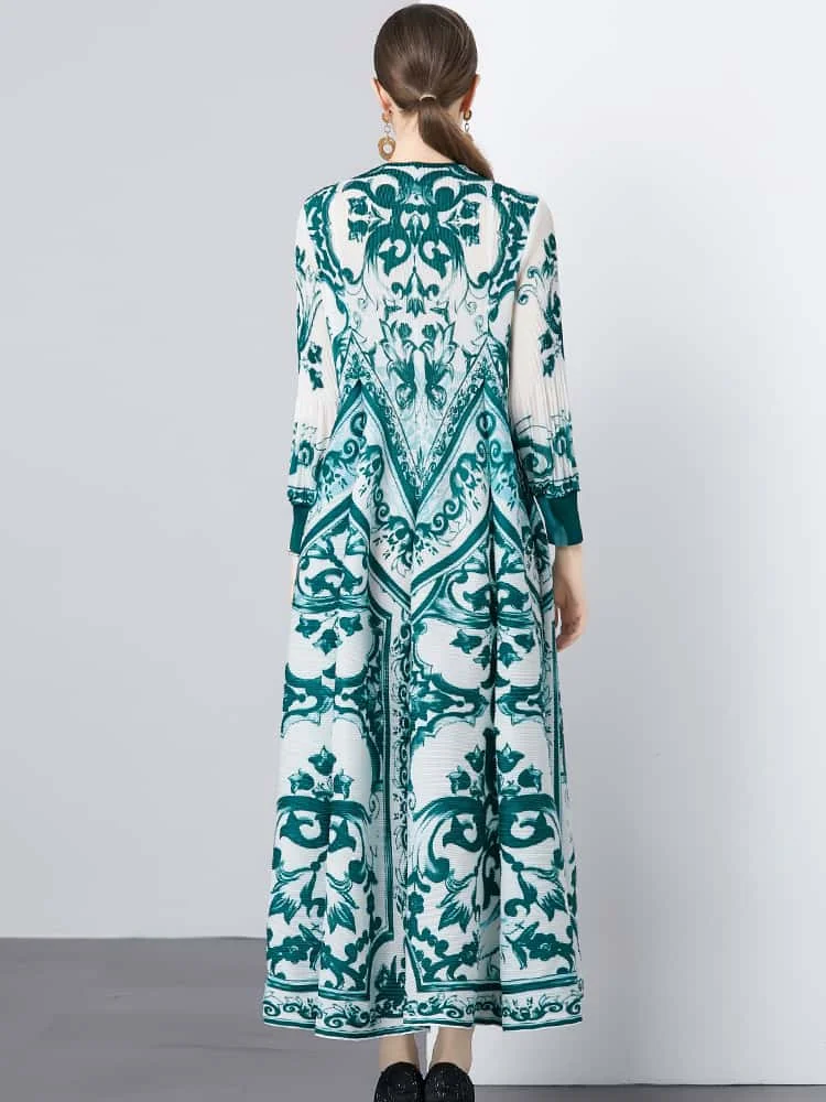 موضة مطوي فستان مُزين بطباعة للنساء س الرقبة طويلة الأكمام المرقعة 2025 ربيع ربيع الخريف جديد أنيق فساتين الحفلات النسائية