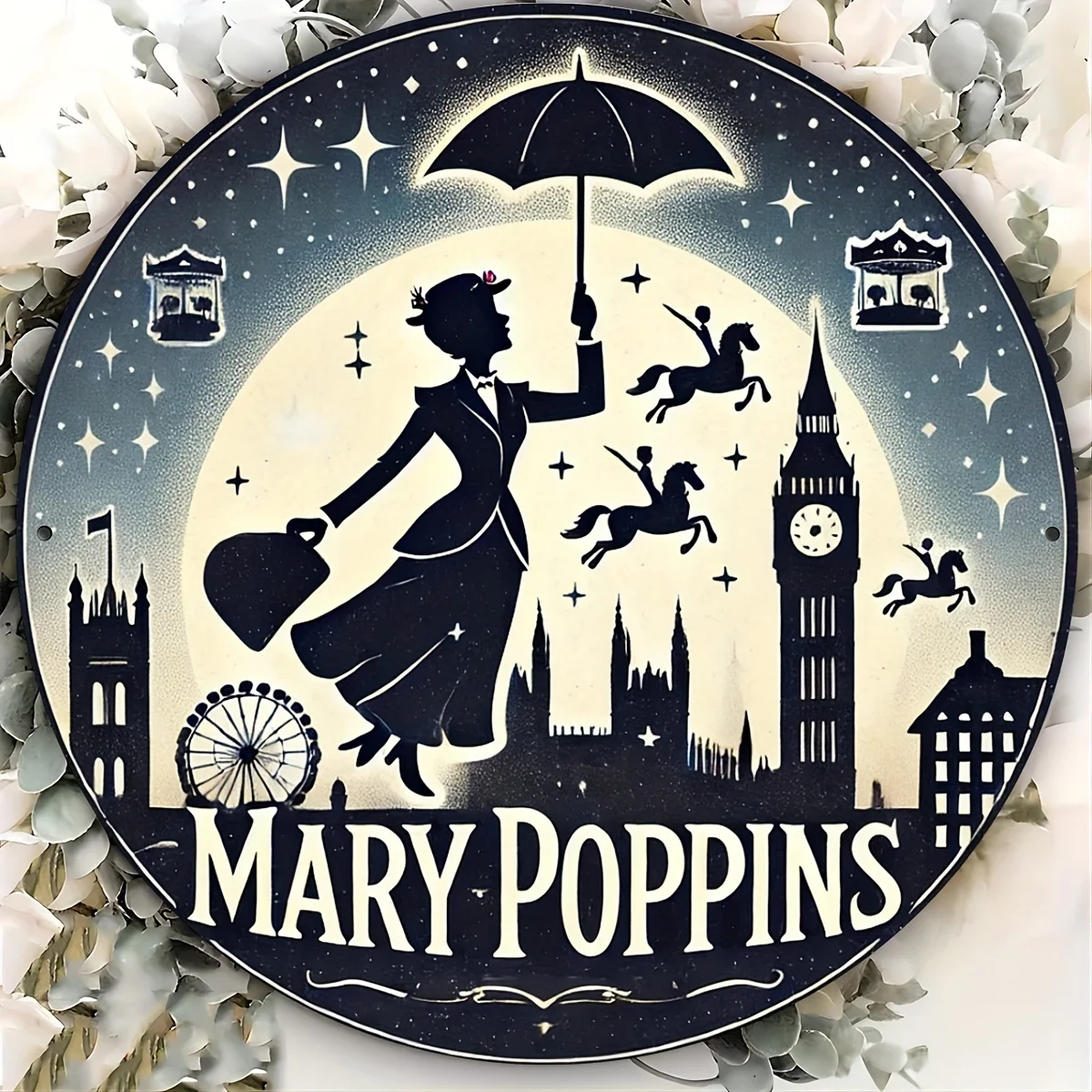 لوحة فنية جدارية مستديرة من الألومنيوم من Vintage Mary Poppins - ديكور متين وسهل التعليق للمنزل والحديقة والمقهى والمزيد #1