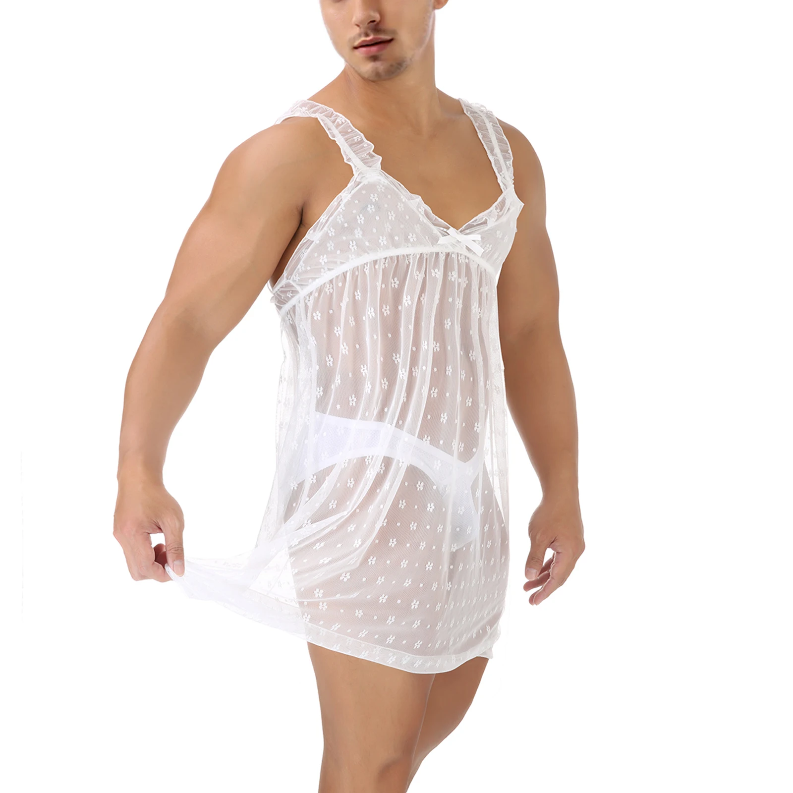 

Nightdress Men Erotic Lingerie Temptation Sexy Lace Slip Dress Transparent Man Sissy Crossdresser Nightwear Mini Sundress