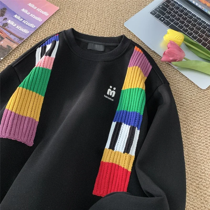 

Rainbow Knit Patchwork Sweatshirts Trend Embroidery Crew-neck Men Women Pullover Sweatshirt Streetwear Coouple Clothing Casual