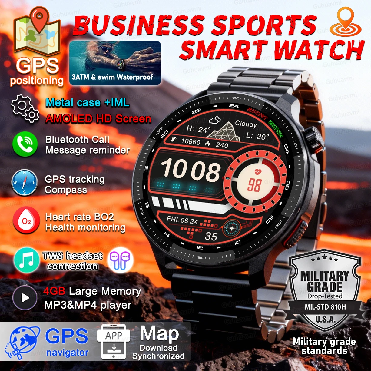 New Smart Watch GPS offline map 4GB Local Music Video Player TWS headphone Compass Waterproof Smartwatch Men for Andriod IOS GPS