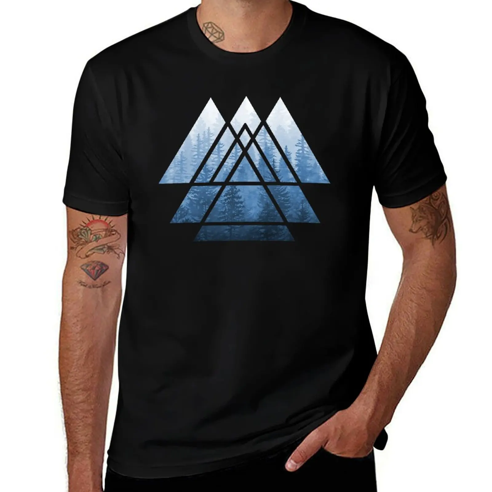 Sacred Geometry Triangles - Misty Forest Blues T-Shirt Soft Anti-Shrink Cotton Tee T-Shirt