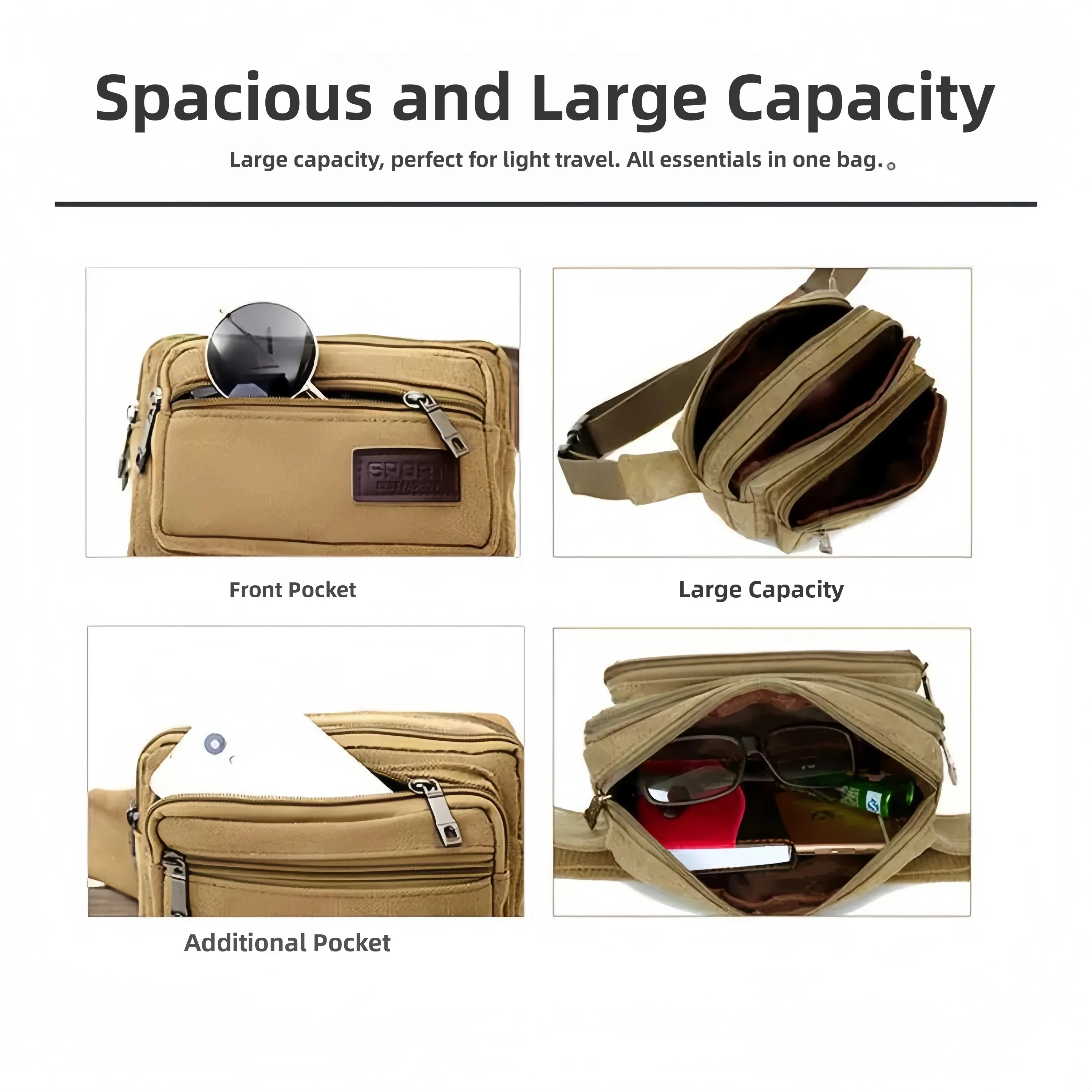 Large Capacity Pure Canvas Waist Bag Multi-Layer Chest Bag Unisex Sports Phone Bag Money Bag Casual Style Zipper Closure