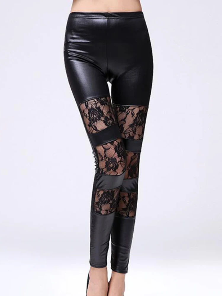 Sexy Leggings Women Pants Black Skinny New Lace Mesh Stretch Trousers High Quality Faux Leather Girl Tights Workout Leggins