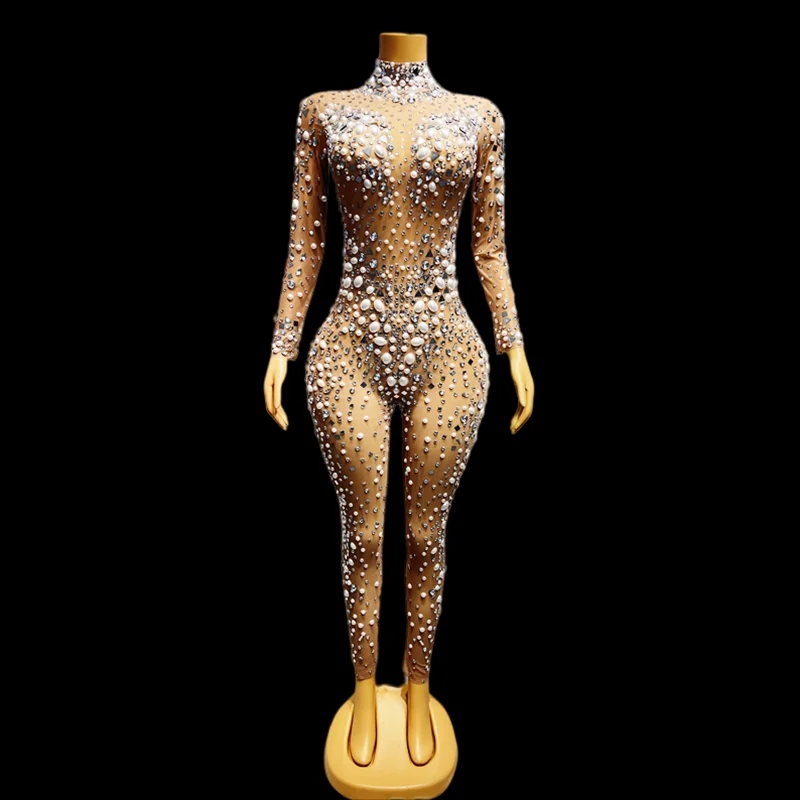 

Top Sale Big Pearls Crystals Stones Sexy Transparent Jumpsuit Evening Birthday Celebrate Bodysuit Outfit Dancer Clothes