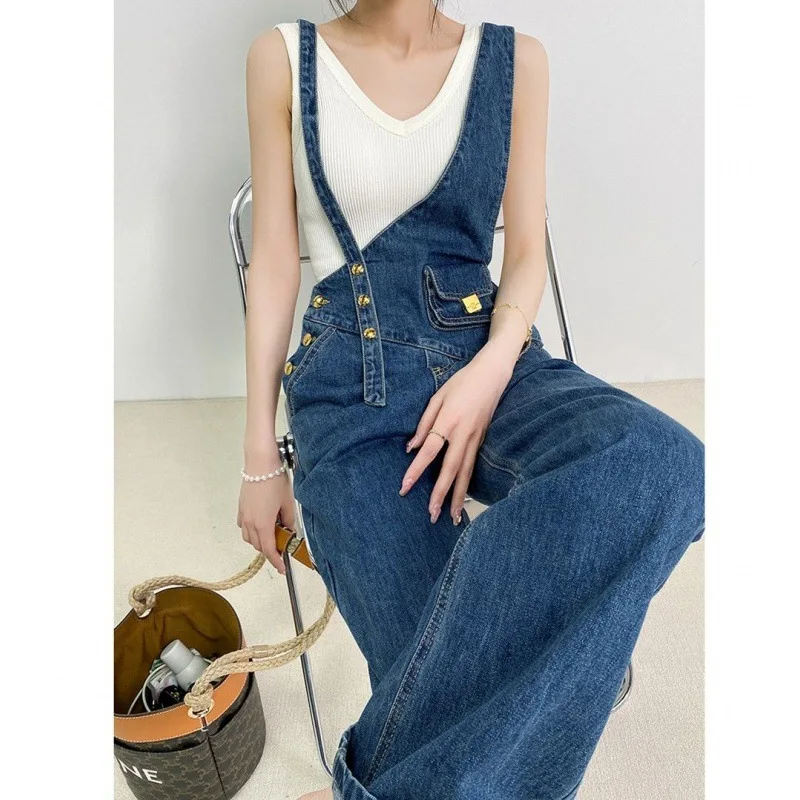 Summer 2025 New Asymmetric Small Waist Bag Denim Overalls For Women With Metal Buckle Versatile Wide-Leg Floor-Length Pants