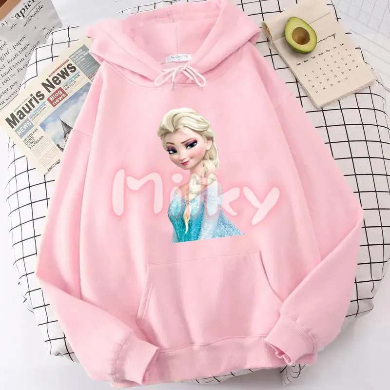 Cartoon Princess Hoodie Frozen Elsa Oversize Hooded Sweatshirts Woman Aesthetic Long Sleeves Soft Crewneck Streetwear Clothes