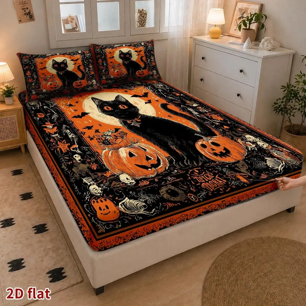 Halloween Mattress Protector with Pillowcases, 1 Fitted Sheet + 2 Pillowcases (Without Filling) 2D Flat Printing, Holiday Decoration Mattress Cover, Mattress Protector, Fitted Sheet Cover, King/Twin/Queen Size, Master Bedroom Guest Room Decoration, Dust-Proof and Stain-Resistant, High Elasticity, Fits Various Sizes