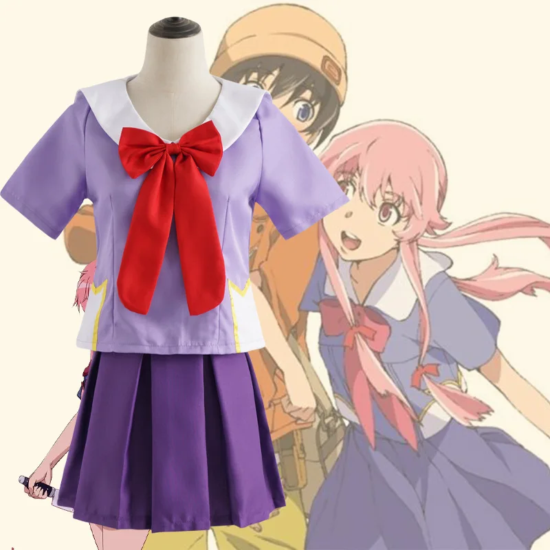 Future Diary Cosplay Costumes Anime Japanese School Girls Uniform Full Set Shirt + Skirt + Tie Gasai Yuno Mirai Nikki Cos Suits