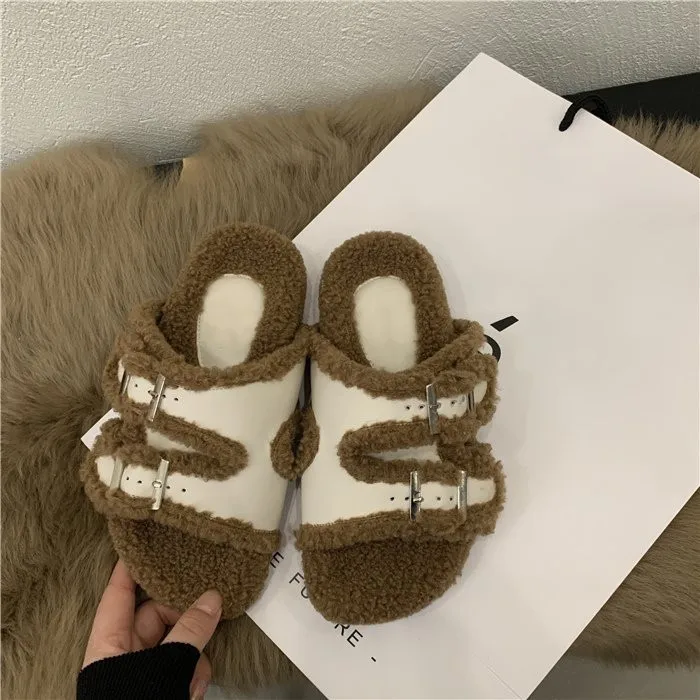 Flock Shoes Woman\'s Slippers Low Fur Flip Flops Platform Slides 2024 Plush Rubber Basic Rome Autumn Fabric Hoof Heels Shoes Hous