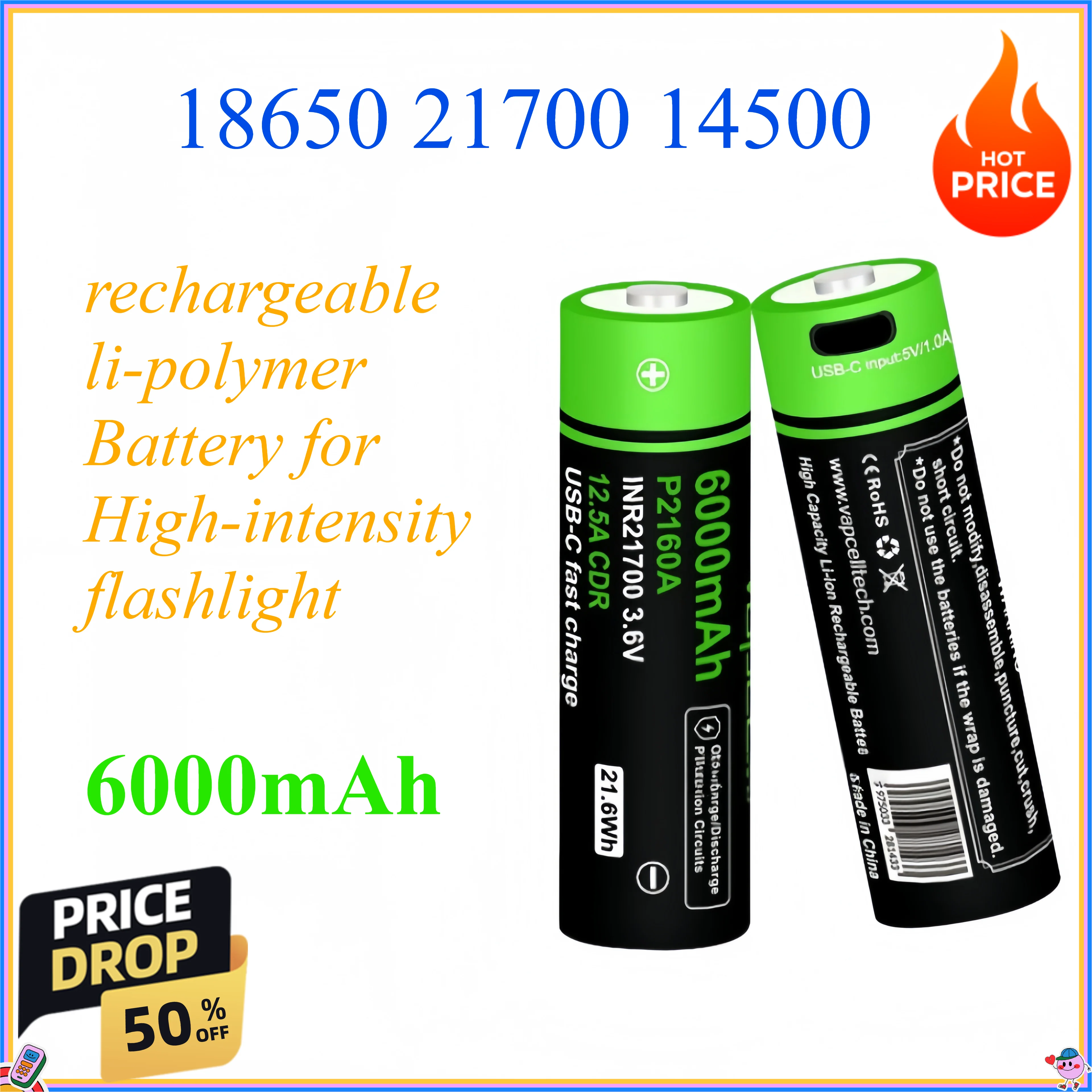 18650 21700 14500 6000mAh rechargeable li-polymer Battery for High-intensity flashlight