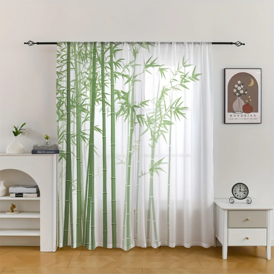 2PCS Digital Print Sheer Curtains, Green Bamboo Sparse Shadow, Oriental Zen Minimalist for Bedroom Living Room Home Decor
