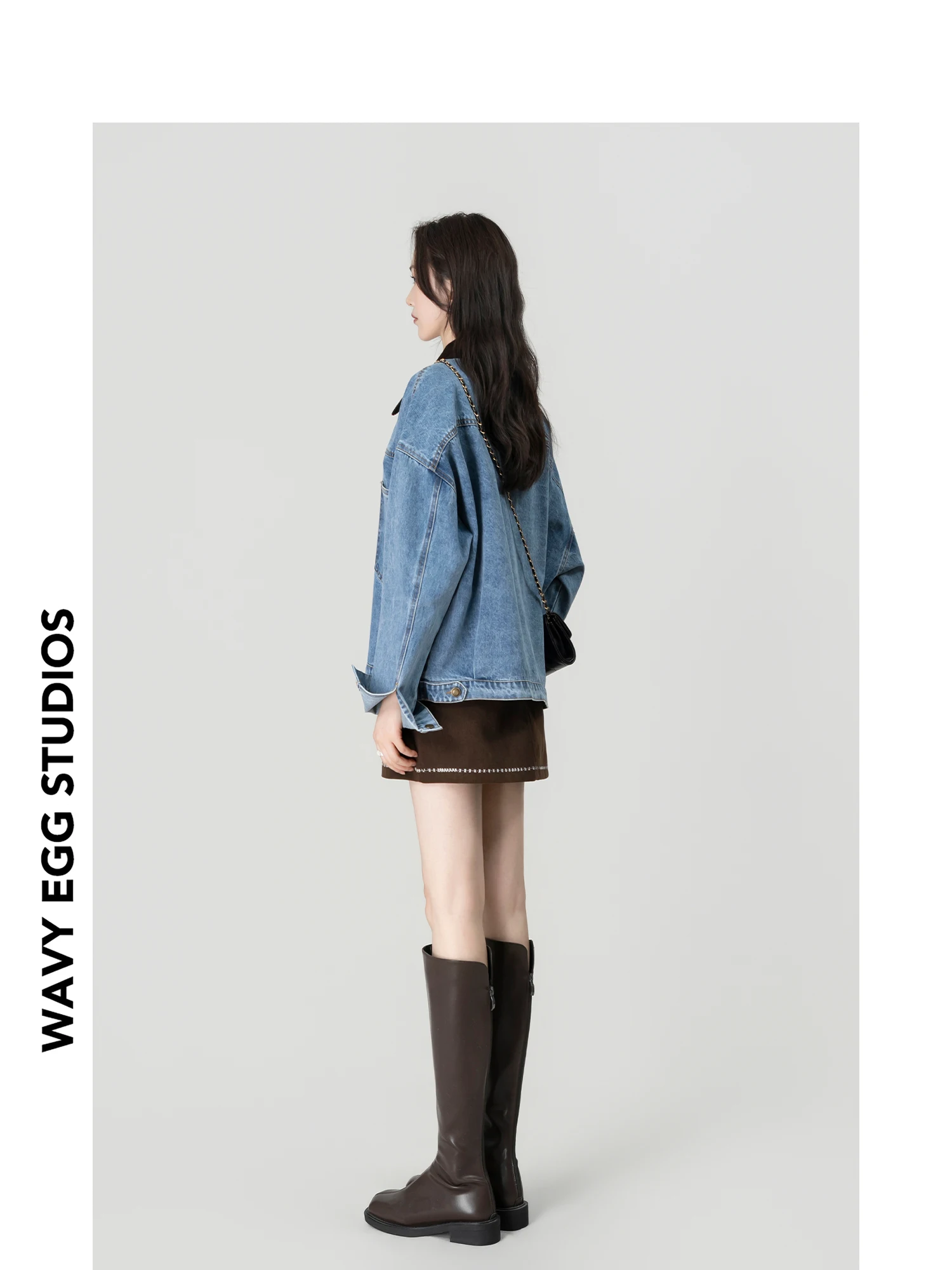 

Женская джинсовая куртка с волнистым узором и коротким воротником, свободного кроя, в корейском стиле, универсальная, повседневная, с волнообразным узором