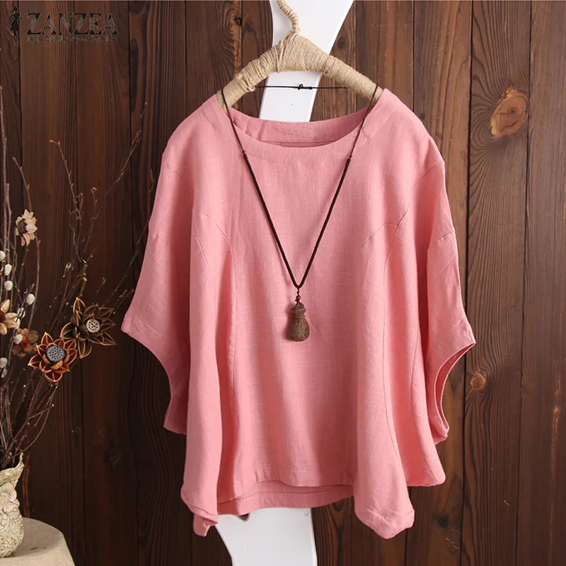 

New Cotton and Hemp Short Sleeve T-shirt for Women Loose Solid Color Bat Sleeve Summer Round Neck Hoodie 324
